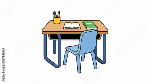 A school desk with books and pencils on it