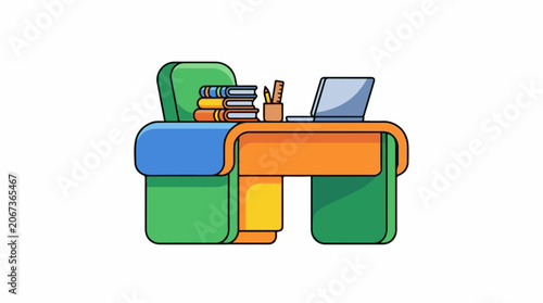 Colorful illustration of a desk with books, laptop, and stationery