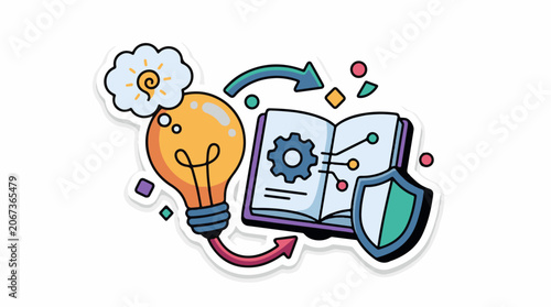 A lightbulb with a thought bubble next to an open book and shield