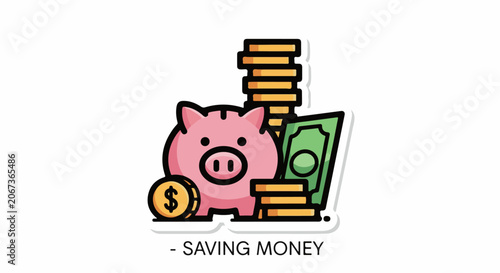 A pink piggy bank with stacks of coins and a bill