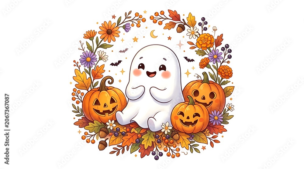 Naklejka premium Cute little ghost with pumpkins and fall autumn flowers illustration