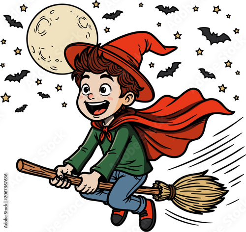 Cute Witch Flying on Broomstick at Night Halloween Scene