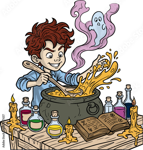 Kid Making Magic Potion in Halloween Laboratory