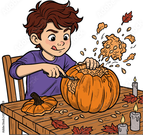 Halloween Pumpkin Carving Illustration with Cute Kid