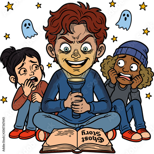 Kids Reading Ghost Story Together Halloween Night