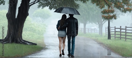 Couple embraces under an umbrella as rain pours in a park during a cloudy day