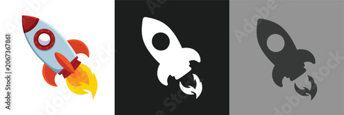 Rocket launch icon set. Startup growth, business progress, innovation, space exploration symbol. Minimalist outline and solid rocket icons with motion trails isolated white background - stock vector