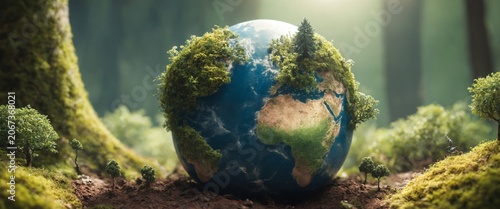 Miniature planet Earth with trees, fauna. Concept for Earth Day.