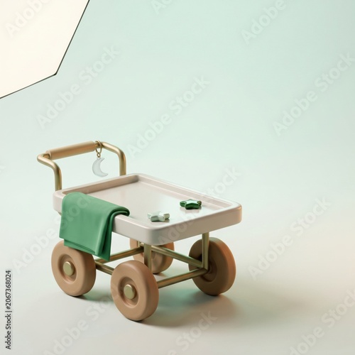 Minimalist pastel serving cart with green cloth and moon charm