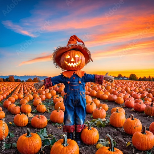 Halloween scarecrow in pumpkin field