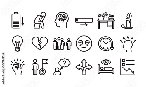Obraz na plátně Burnout and mental fatigue line icons showing stress and low energy at workplace