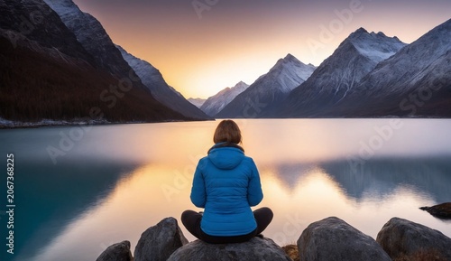 Female person relaxing outdoors on mountain nature.