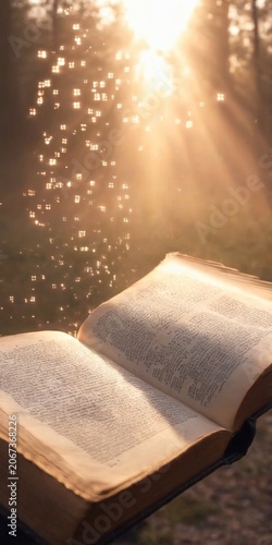 Light coming out of open book pages. Learning, education, knowledge and religion concept.