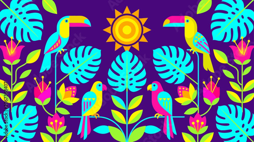 Konstfotografi Vibrant tropical scene with toucans, plants, flowers, and sun on purple backgrou