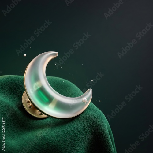 Crescent moon emblem on draped fabric against dark green background, symbolic of Islam and cultural representation