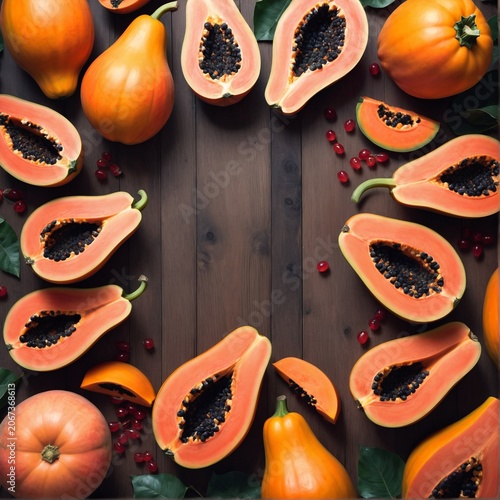 Cut papaya on wooden table. Healthy fruit. Top view copy space