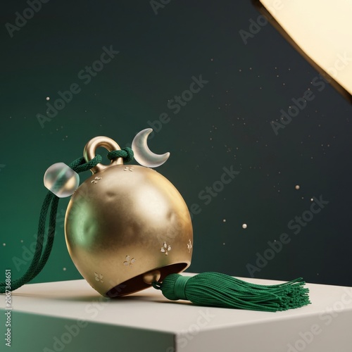 Golden bell with crescent moon and green tassel, Ramadan and Islamic celebration symbol