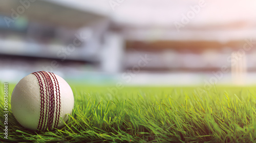 Cricket Ball on Green Grass with Stadium Background and Copy Space