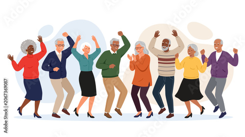 Group of joyful diverse senior citizens dancing together at a social party.
