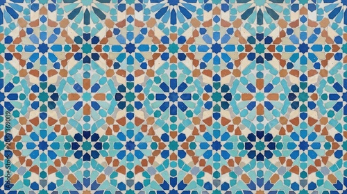 Islamic geometric tile pattern, traditional Moroccan zellige mosaic background, blue and terracotta ceramic wall art texture for interior design