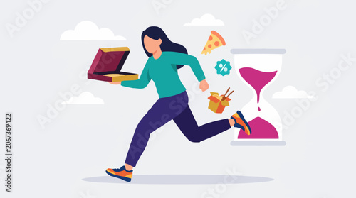 Fast food delivery, woman running with pizza and noodles against an hourglass