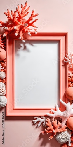 Photo frame with shells and corals. Home decoration