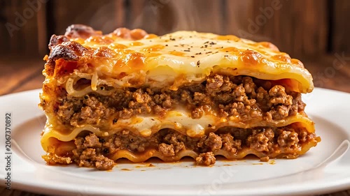 Single slice of meat lasagna on a white plate.