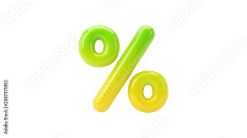 3d render of a glossy percent sign with a vibrant green to yellow gradient, isolated on transparent background