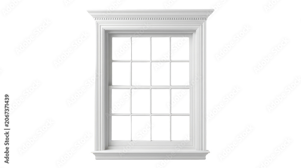 Fototapeta premium Classic white wooden window frame with decorative molding isolated on transparent background