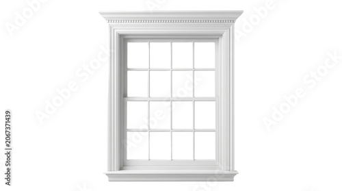 Classic white wooden window frame with decorative molding isolated on transparent background