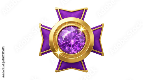 Royal purple cross medal with a sparkling gemstone in the center isolated on transparent background