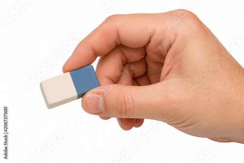 Hand Holding an Eraser Isolated on White Background