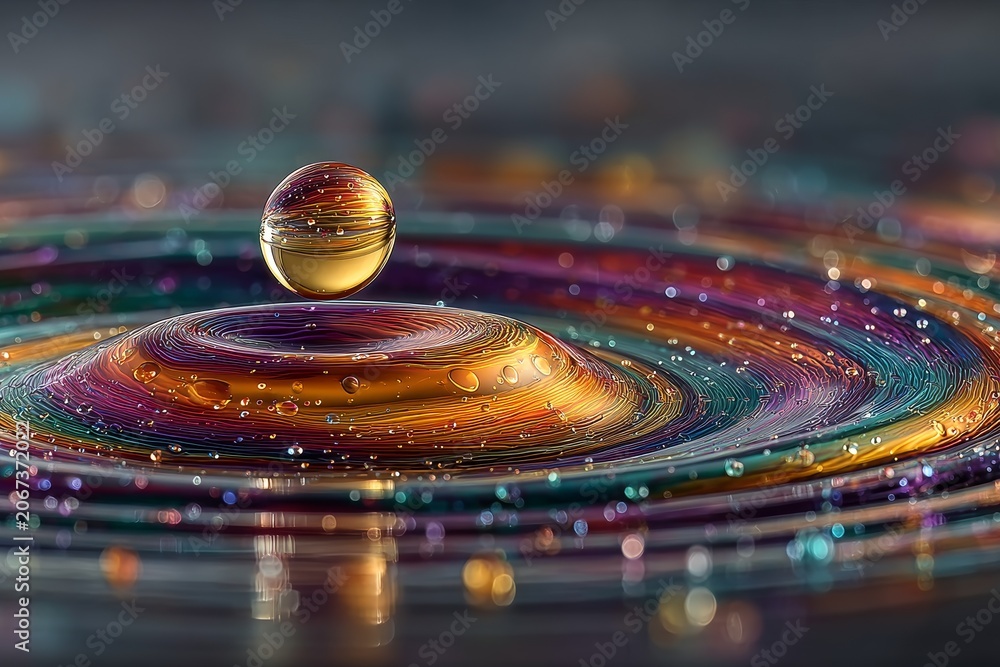 Obraz premium Close-up of a colorful liquid splash with a golden sphere on top