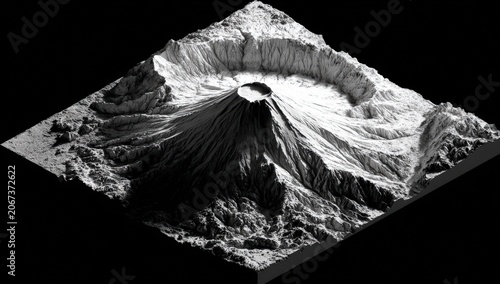3D rendering of a volcanic mountain with a prominent crater, showcasing detailed textures and contours against a black background