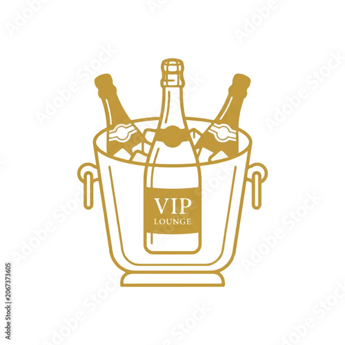 Golden line art icon of champagne bottles in an ice bucket for VIP lounge