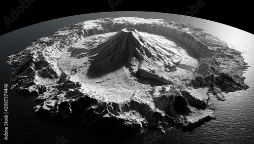 Black and white aerial view of a volcanic island with a prominent peak surrounded by rugged terrain and ocean waters, showcasing intricate geological formations