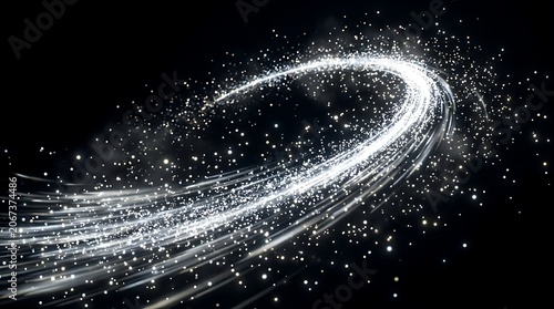 Dynamic Silver Particle Curve Motion in Black Space Abstract Light Trail