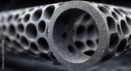 Close-up view of a textured black 3D-printed cylindrical structure featuring a honeycomb pattern, showcasing intricate details and smooth surface finish