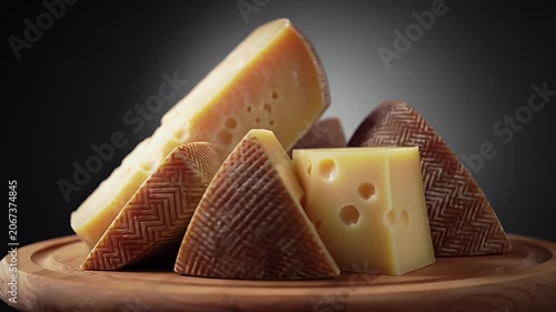 Various aged cheeses on wooden cutting board.