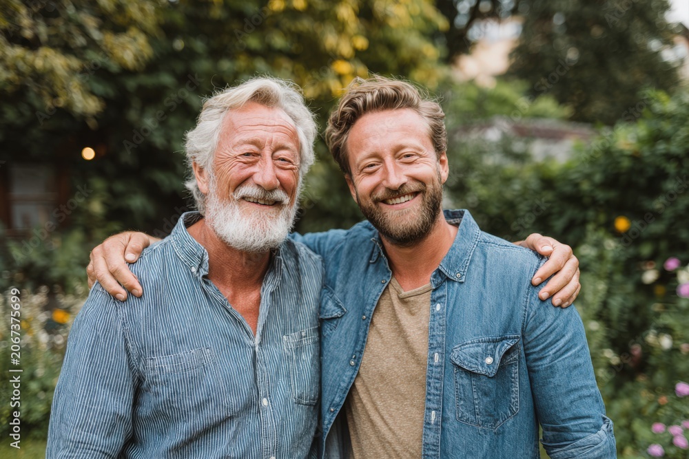 Fototapeta premium Elderly Caucasian man with gray beard and younger man with light brown hair smile together outdoors in a garden surrounded by greenery and colorful flowers