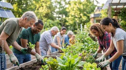 Community residents gardening in a green urban park for climate adaptation initiatives