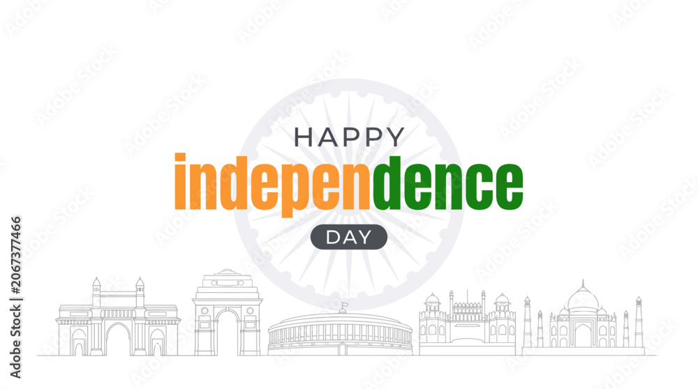 Fototapeta premium Happy India Independence Day banner with famous national monuments silhouettes.