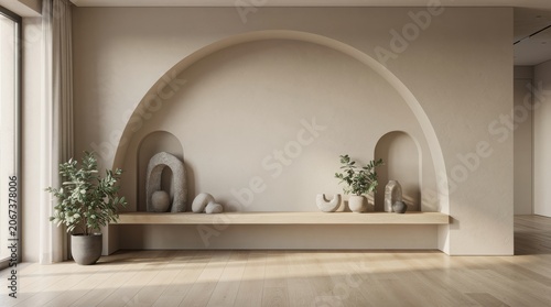 Minimalist beige interior background featuring a large arched alcove, floating shelf with stone decor, and copy space