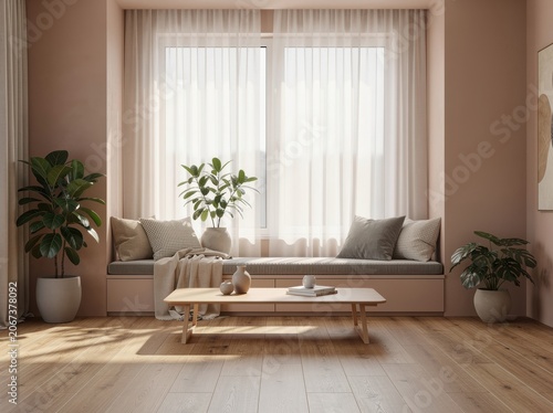 Sunlit minimalist sitting nook with a built-in window bench, grey cushions, wooden coffee table, and indoor plants