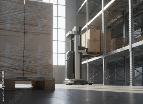 Automated high lift stacker robot transporting cardboard boxes by industrial metal shelving in a warehouse