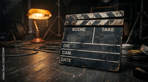 Scratched vintage movie clapperboard standing on a dark wooden floor next to a glowing banker lamp
