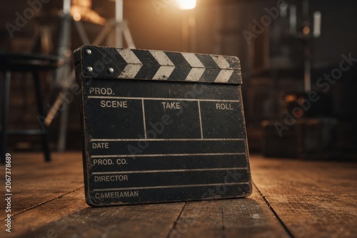 Old weathered movie clapperboard standing upright on a rustic wooden floor with a blurred studio background