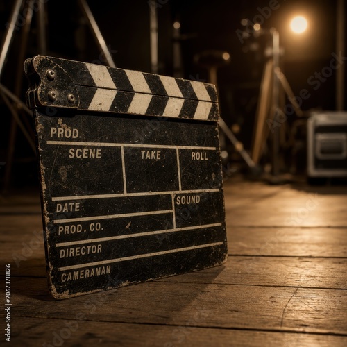 Vintage movie clapperboard standing on a rustic wooden floor with blurred studio lighting stands