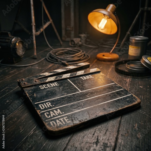 Weathered movie clapperboard lying on a dark wooden floor with a retro lamp and film tins