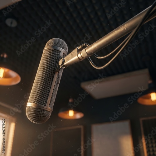 Studio microphone on a boom arm inside a sound recording studio with acoustic foam panels on the ceiling